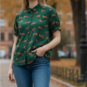 Hell Bunny Fox Print Blouse Green Button Front Puff Sleeve Cottagecore Top